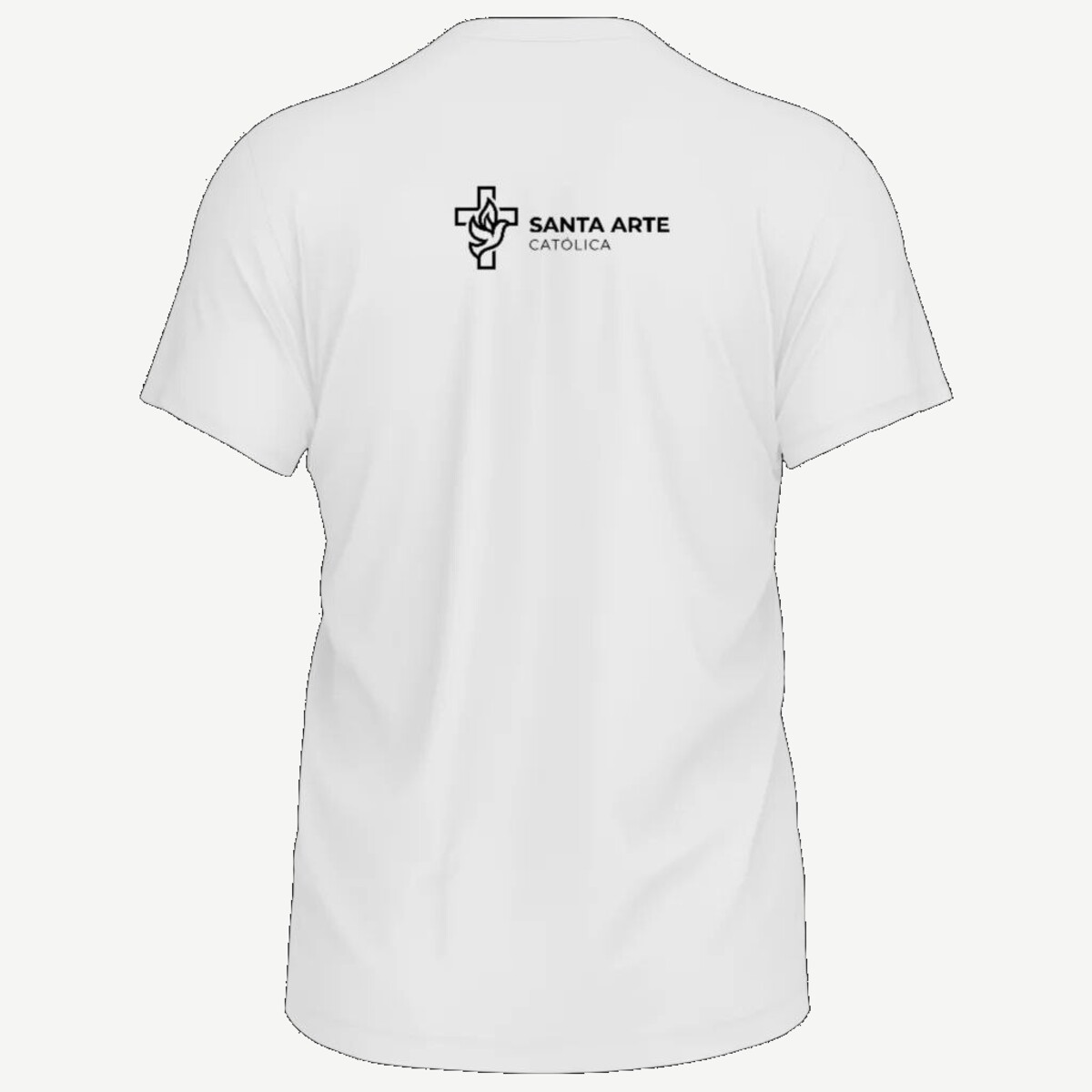 Camiseta vista de costas, com a marca Santa Arte Católica impressa em tamanho pequeno no alto das costas.
