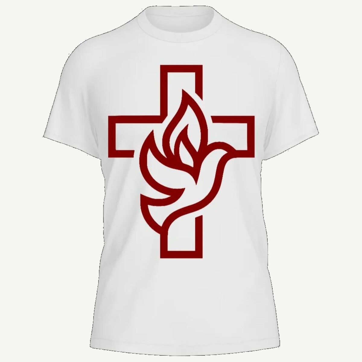 Camiseta vista de frente, com a cruz vazada e a pomba da Santa Arte Católica impressas em grande no peito, em bordô.