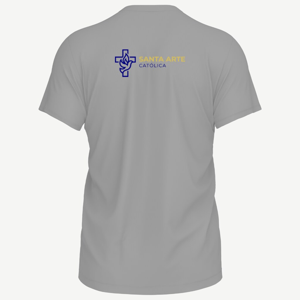 Camiseta cinza mescla vista de costas, com a logo da Santa Arte Católica impressa pequena entre os ombros: a cruz vazada com a pomba e a chama, e o nome da marca ao lado.