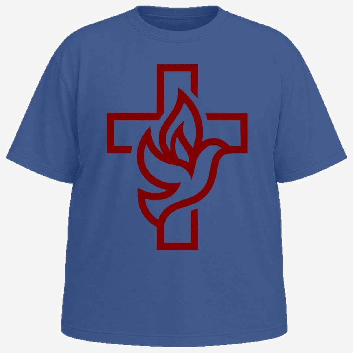 Camiseta plus size azul vista de frente, com a cruz vazada e a pomba da Santa Arte Católica impressas em grande no peito, em bordô.
