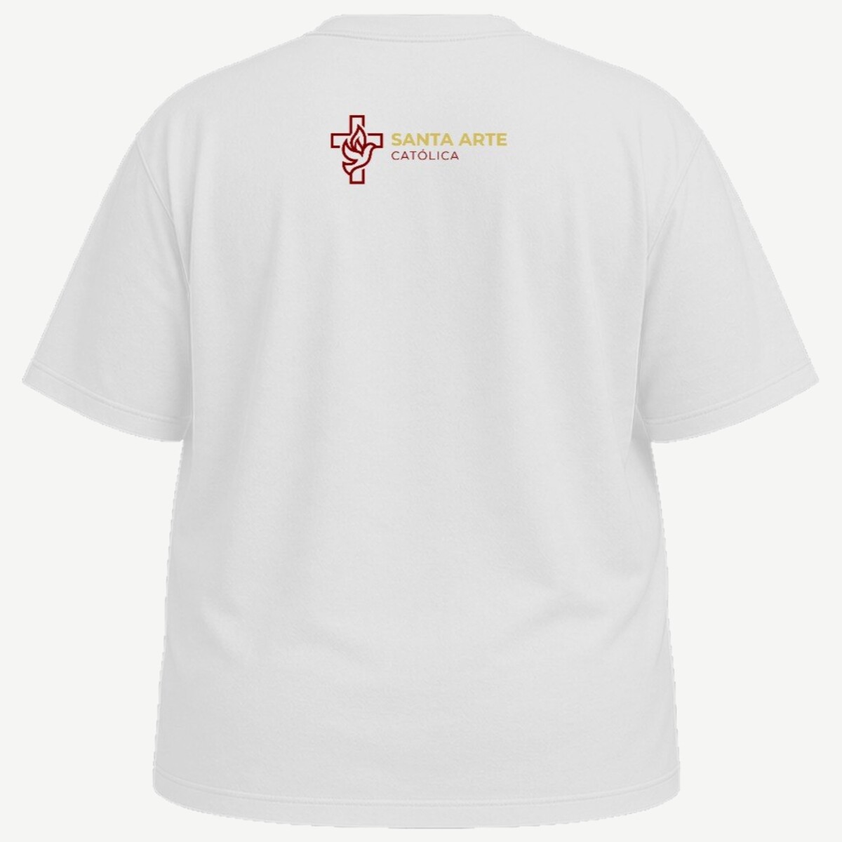 Camiseta plus size branca vista de costas, com a marca Santa Arte Católica impressa em tamanho pequeno no alto das costas.