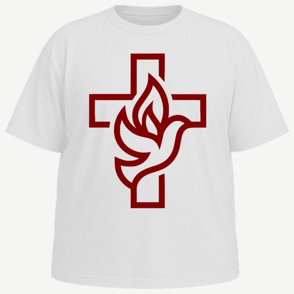 Camiseta plus size branca vista de frente, com a cruz vazada e a pomba da Santa Arte Católica impressas em grande no peito, em bordô.
