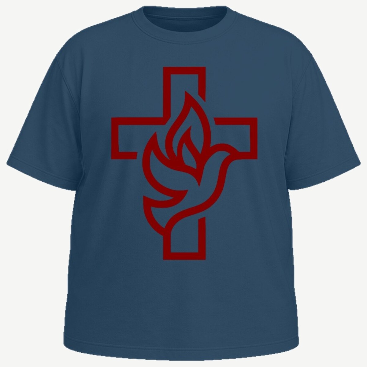 Camiseta plus size azul-marinho vista de frente, com a cruz vazada e a pomba da Santa Arte Católica impressas em grande no peito, em bordô.