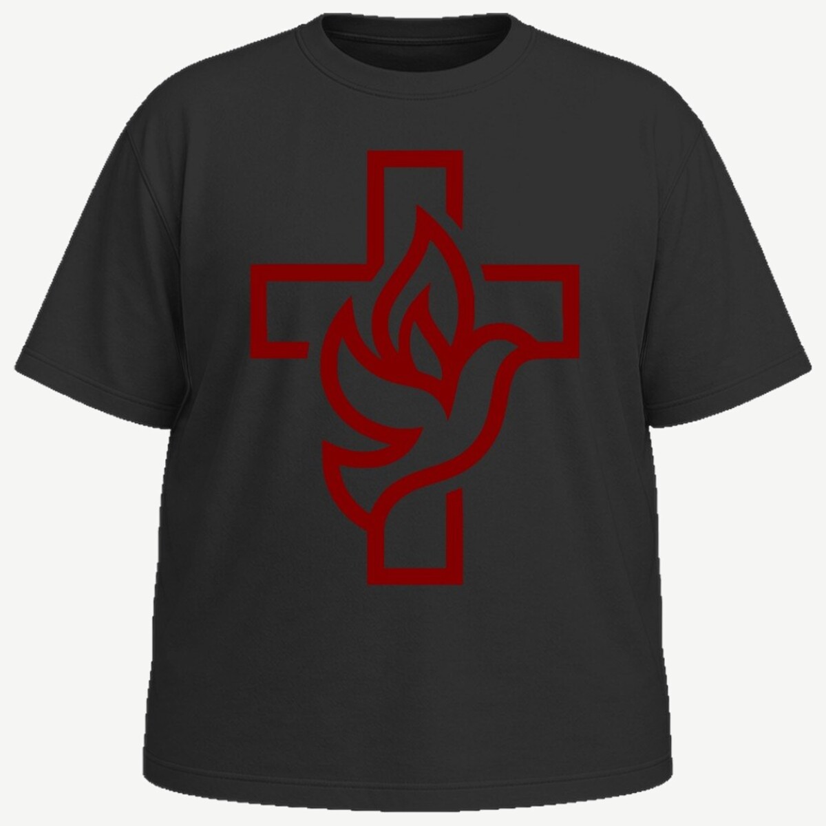 Camiseta plus size preta vista de frente, com a cruz vazada e a pomba da Santa Arte Católica impressas em grande no peito, em bordô.