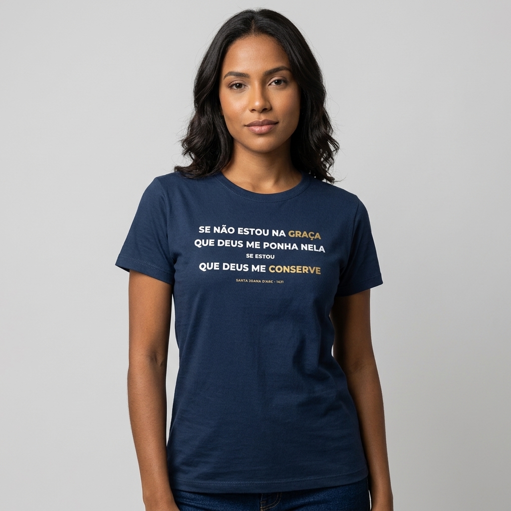 Camiseta Santa Joana d'Arc — A Graça — modelo feminino (Azul Marinho)