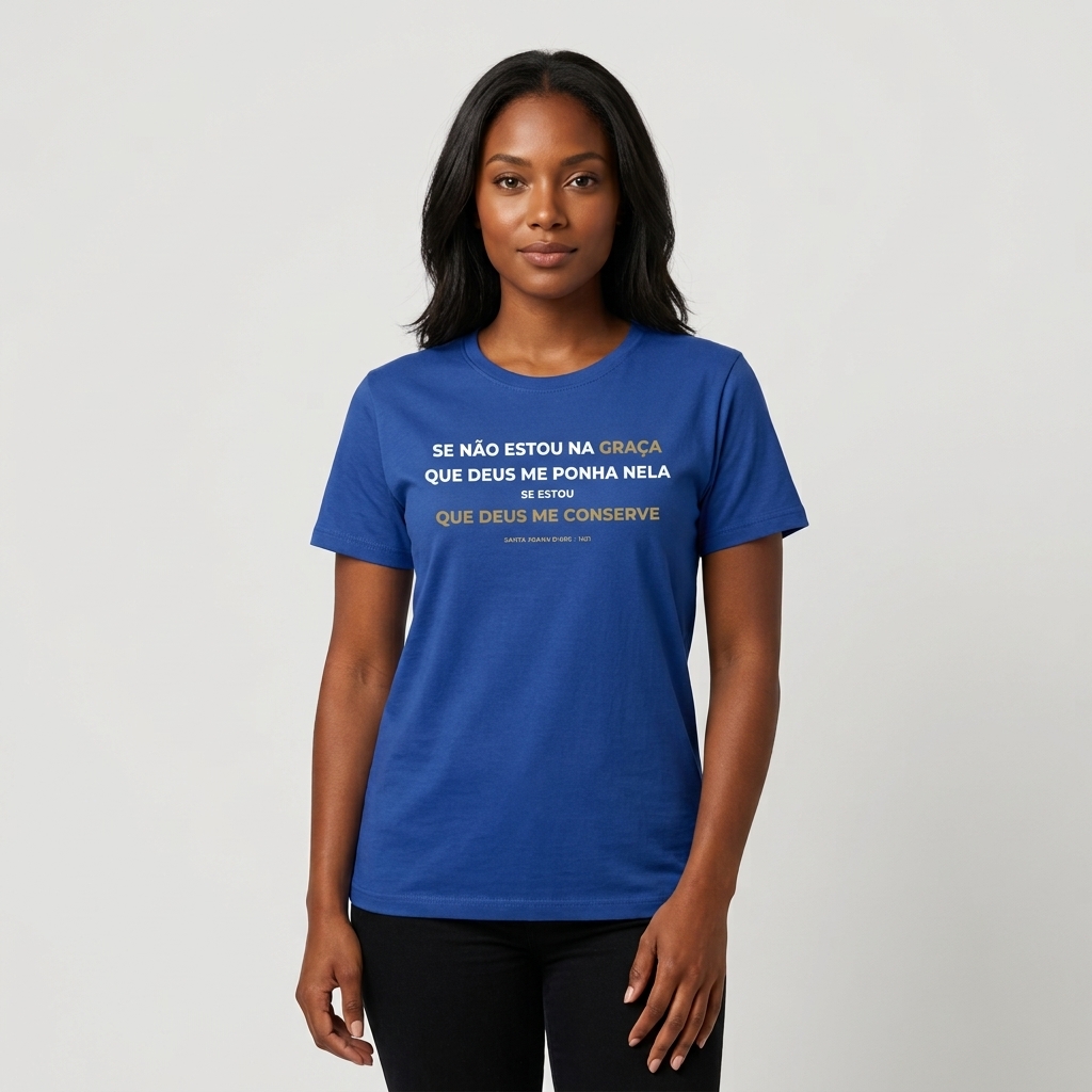 Camiseta Santa Joana d'Arc — A Graça — modelo feminino (Azul Royal)