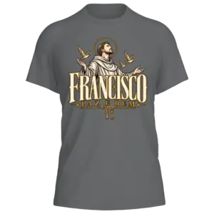 Camiseta São Francisco — Paz e Bem — Cinza Chumbo — Frente