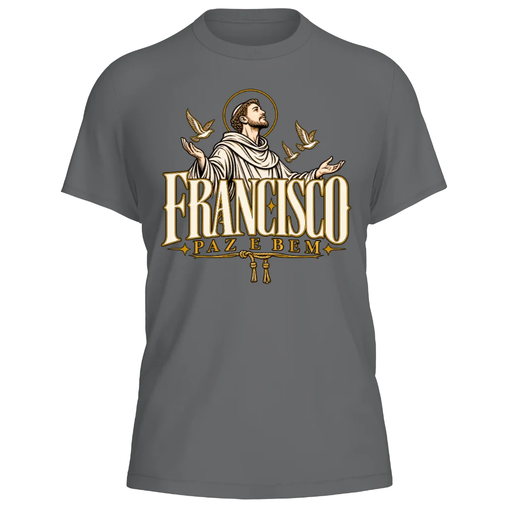 Camiseta São Francisco — Paz e Bem — Cinza Chumbo — Frente