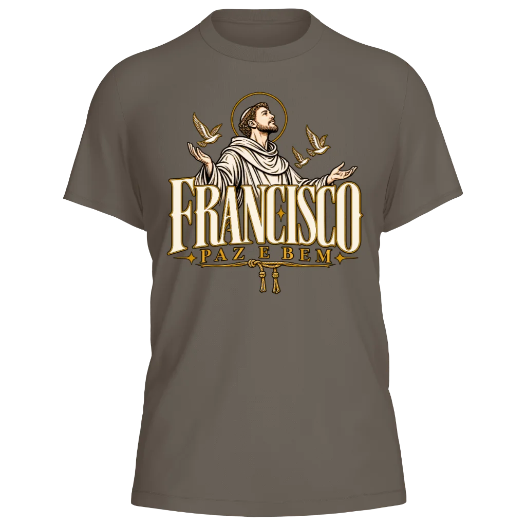 Camiseta São Francisco — Paz e Bem — Marrom — Frente