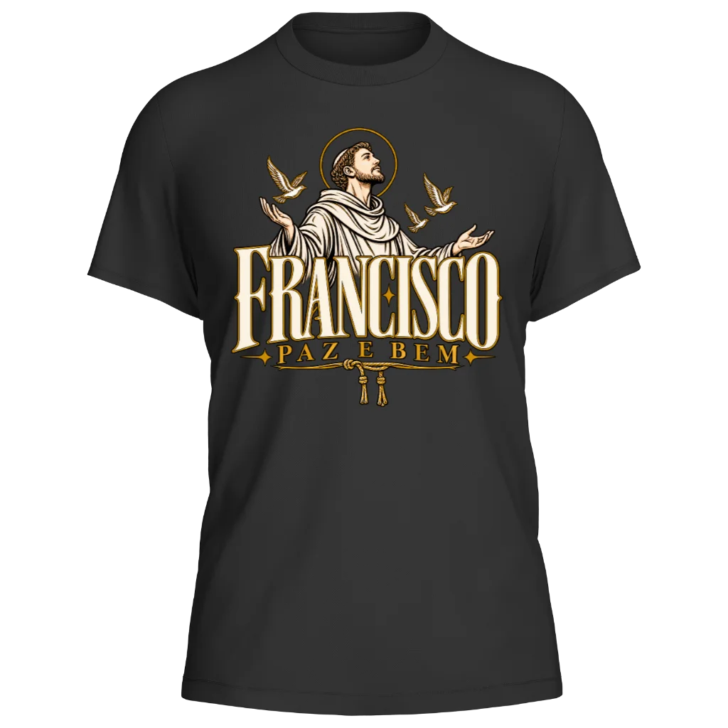 Camiseta São Francisco — Paz e Bem — Preta — Frente